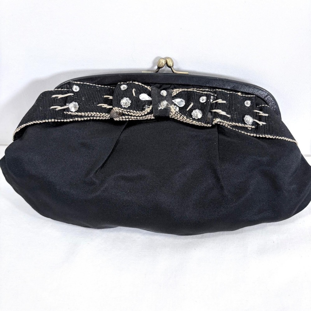 VTG Moschino Black Satin Kiss Clasp Clutch Evening Bag Velvet Bow Authenticated